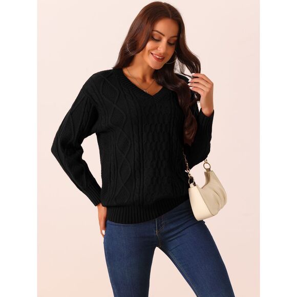 V Neck Long Sleeve Casual Loose Chunky Warm Pullover Sweater Top Black - Picture 2 of 5